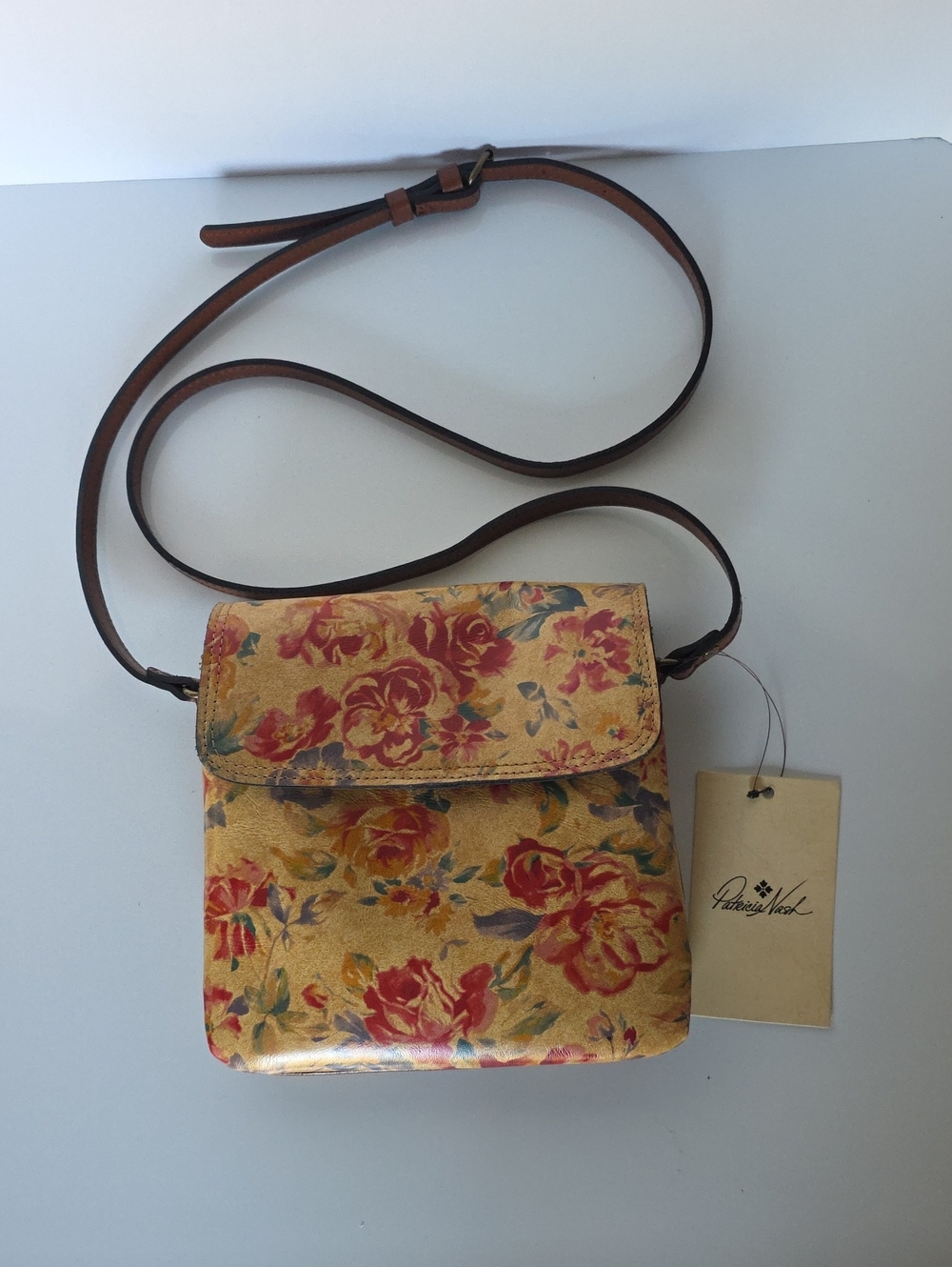Patricia Nash Yellow Floral Crossbody with Adjustable Brown Strap